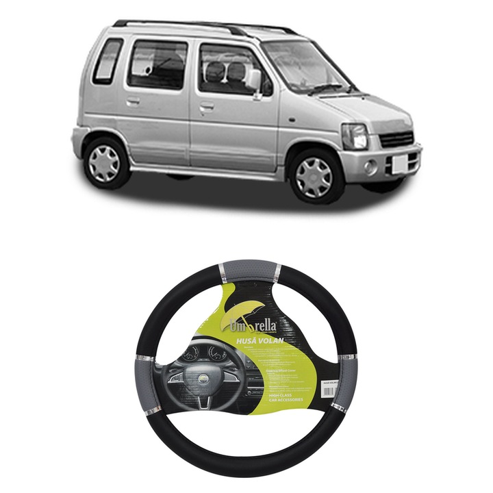 Husa Volan Auto Pentru Suzuki Wagon R+ Hatchback (Em) Din 1998-2000, Piele Ecologica, Dimensiune 37-39 cm, Umbrella, Culoare Gri