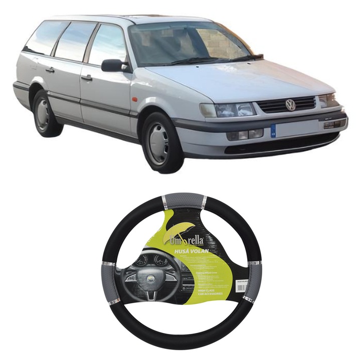 Husa Volan Auto Pentru Volkswagen Passat B3/B4 (315, 3A5) Din 1989-1996, Piele Ecologica, Dimensiune 37-39 cm, Umbrella, Culoare Gri