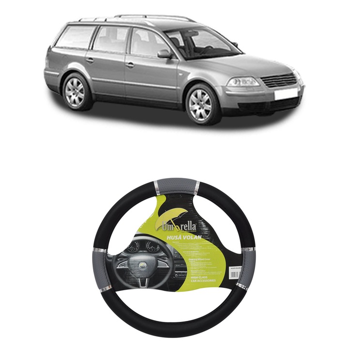 Husa Volan Auto Pentru Volkswagen Passat B5.5 Variant (3B6) Din 2000-2005, Piele Ecologica, Dimensiune 37-39 cm, Umbrella, Culoare Gri