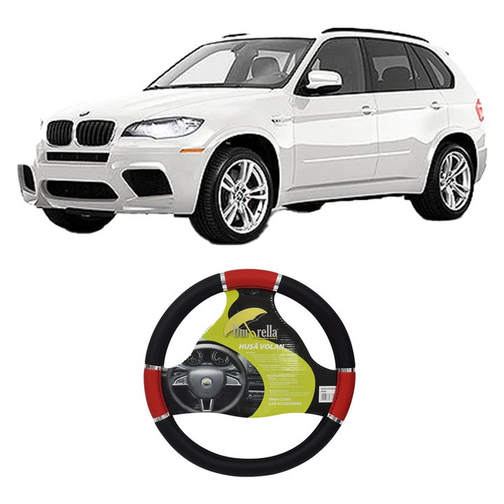 Husa Volan Auto Pentru Bmw X5 (E70) Din 2006-2013, Piele Ecologica, Dimensiune 37-39 cm, Umbrella, Culoare Rosu
