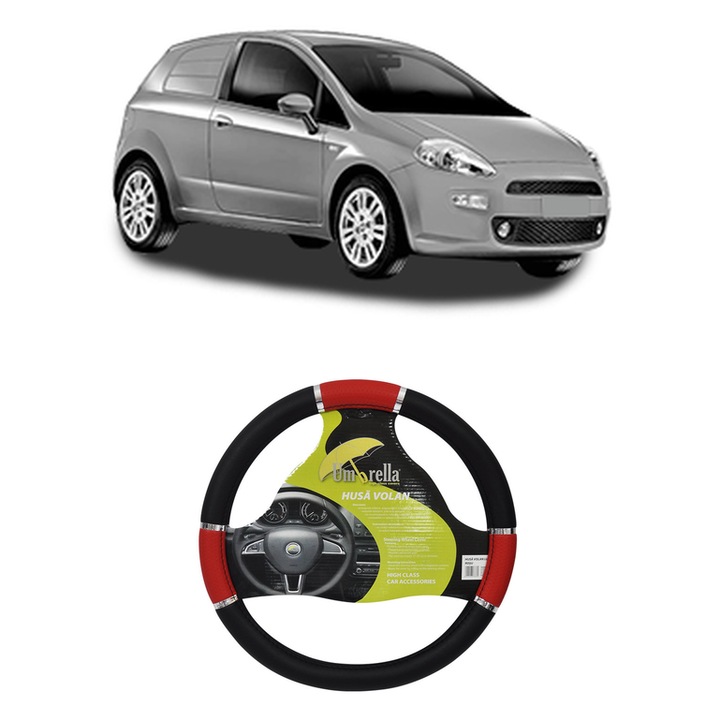 Husa Volan Auto Pentru Fiat Punto Hatchback Van (199_) Din 2009, Piele Ecologica, Dimensiune 37-39 cm, Umbrella, Culoare Rosu