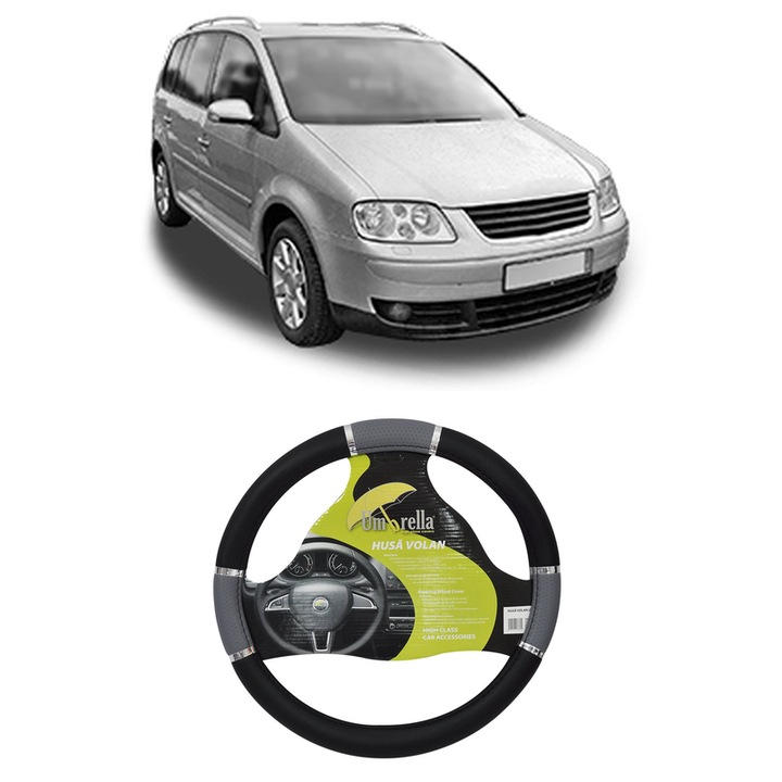 Husa Volan Auto Pentru Volkswagen Touran (1T1, 1T2) Din 2003-2010, Piele Ecologica, Dimensiune 37-39 cm, Umbrella, Culoare Gri