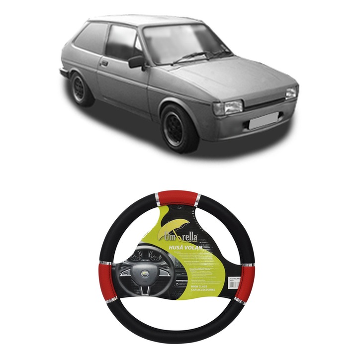 Husa Volan Auto Pentru Ford Fiesta Hatchback Van (Fvd) Din 1983-1995, Piele Ecologica, Dimensiune 37-39 cm, Umbrella, Culoare Rosu