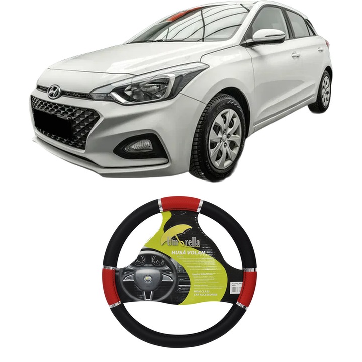 Husa Volan Auto Pentru Hyundai I20 Ii Hatchback Van (Gb, Ib) Din 2015-2021, Piele Ecologica, Dimensiune 37-39 cm, Umbrella, Culoare Rosu