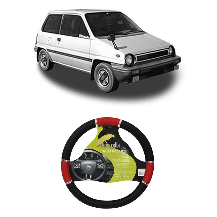 Husa Volan Auto Pentru Honda City I Hatchback (Aa) Din 1980-1984, Piele Ecologica, Dimensiune 37-39 cm, Umbrella, Culoare Rosu