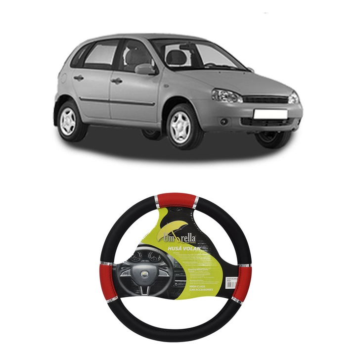 Husa Volan Auto Pentru Lada Kalina Hatchback (1119) Din 2004-2013, Piele Ecologica, Dimensiune 37-39 cm, Umbrella, Culoare Rosu