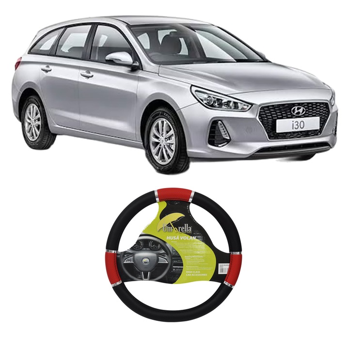 Husa Volan Auto Pentru Hyundai I30 Kombi Van (Pde) Din 2017-2020, Piele Ecologica, Dimensiune 37-39 cm, Umbrella, Culoare Rosu