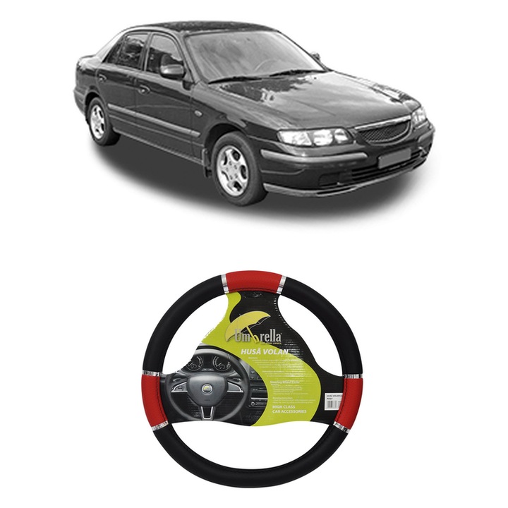 Husa Volan Auto Pentru Mazda 626 V Hatchback (Gf) Din 1997-2002, Piele Ecologica, Dimensiune 37-39 cm, Umbrella, Culoare Rosu