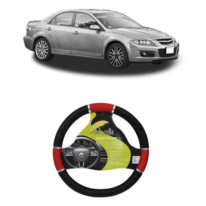 Husa Volan Auto Pentru Mazda 6 Hatchback (Gg) Din 2002-2007, Piele Ecologica, Dimensiune 37-39 cm, Umbrella, Culoare Rosu