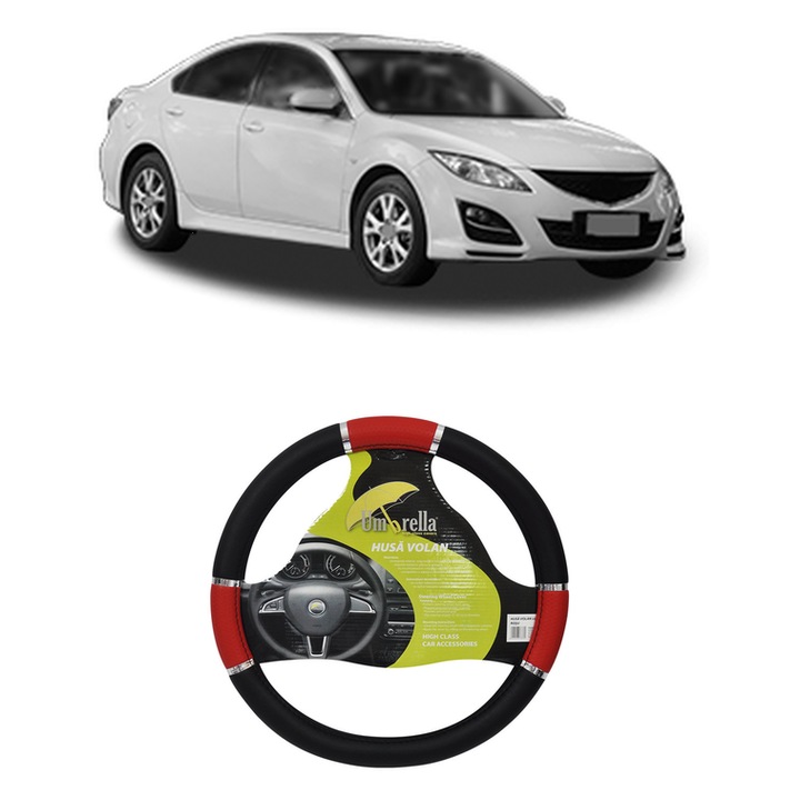 Husa Volan Auto Pentru Mazda 6 Hatchback (Gh) Din 2007-2013, Piele Ecologica, Dimensiune 37-39 cm, Umbrella, Culoare Rosu