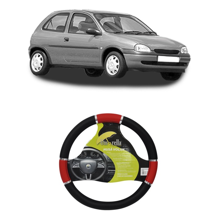 Husa Volan Auto Pentru Opel Corsa B (S93) Din 1993-2002, Piele Ecologica, Dimensiune 37-39 cm, Umbrella, Culoare Rosu