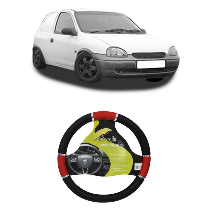 Husa Volan Auto Pentru Opel Corsa B Hatchback Van (S93) Din 1994-2001, Piele Ecologica, Dimensiune 37-39 cm, Umbrella, Culoare Rosu