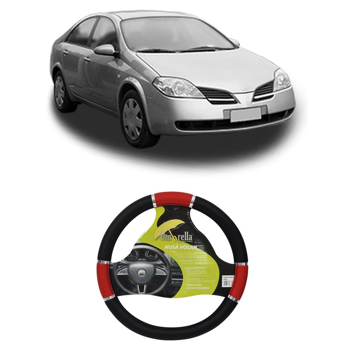 Husa Volan Auto Pentru Nissan Primera Hatchback (P12) Din 2002-2008, Piele Ecologica, Dimensiune 37-39 cm, Umbrella, Culoare Rosu