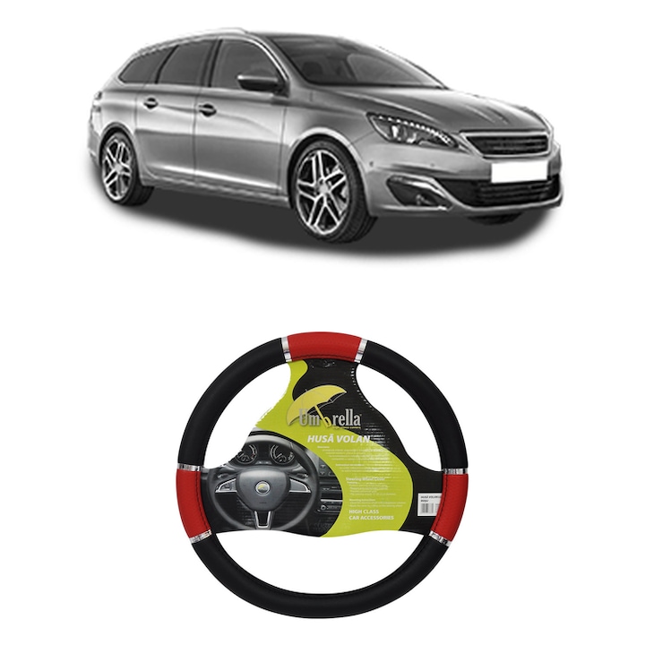 Husa Volan Auto Pentru Peugeot 308 Sw Ii (Lc_, Lj_, Lr_, Lx_, L4_) Din 2014-2021, Piele Ecologica, Dimensiune 37-39 cm, Umbrella, Culoare Rosu