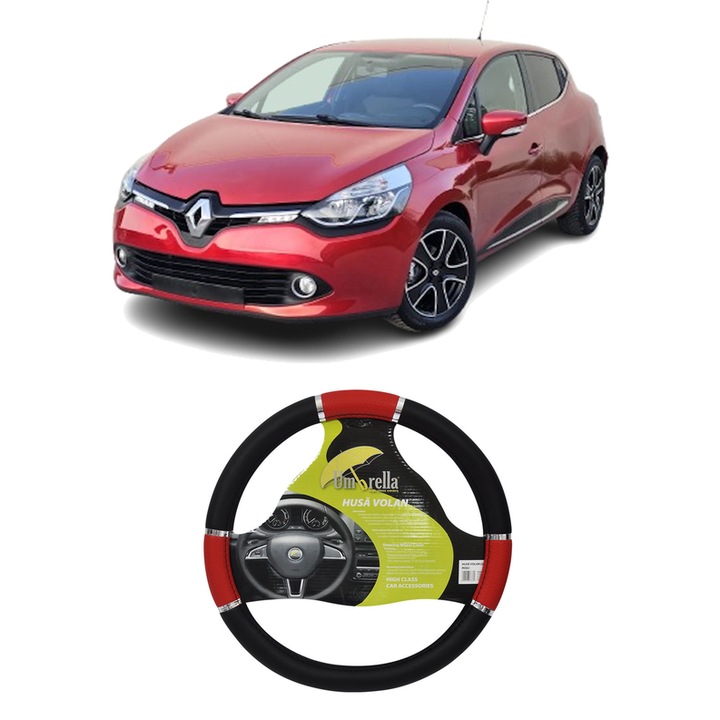 Husa Volan Auto Pentru Renault Clio Iv Hatchback Van (Bh_) Din 2014-2021, Piele Ecologica, Dimensiune 37-39 cm, Umbrella, Culoare Rosu