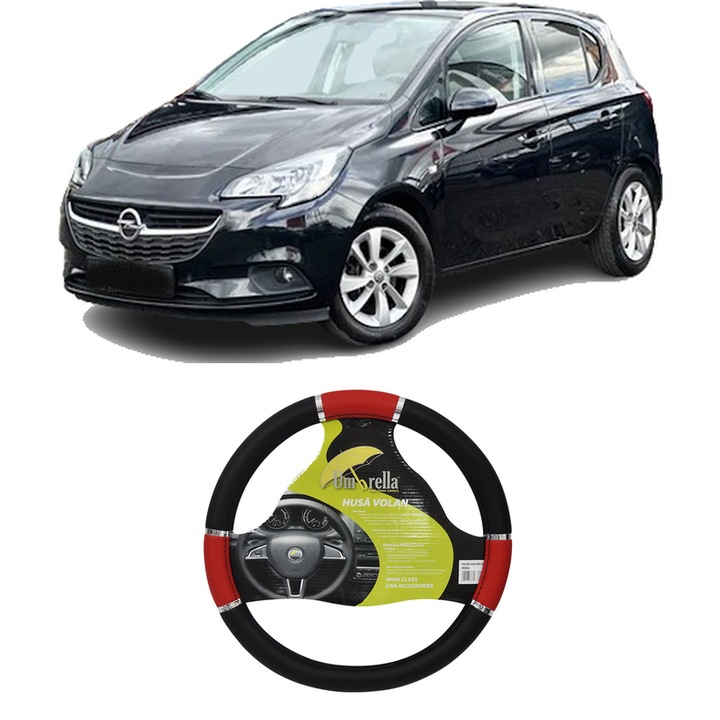 Husa Volan Auto Pentru Opel Corsa E (X15) Din 2014-2019, Piele Ecologica, Dimensiune 37-39 cm, Umbrella, Culoare Rosu
