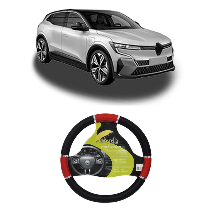 Husa Volan Auto Pentru Renault Megane E-Tech Suv Din 2021, Piele Ecologica, Dimensiune 37-39 cm, Umbrella, Culoare Rosu