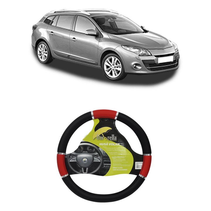 Husa Volan Auto Pentru Renault Megane Iii Grandtour (Kz0/1) Din 2008-2016, Piele Ecologica, Dimensiune 37-39 cm, Umbrella, Culoare Rosu
