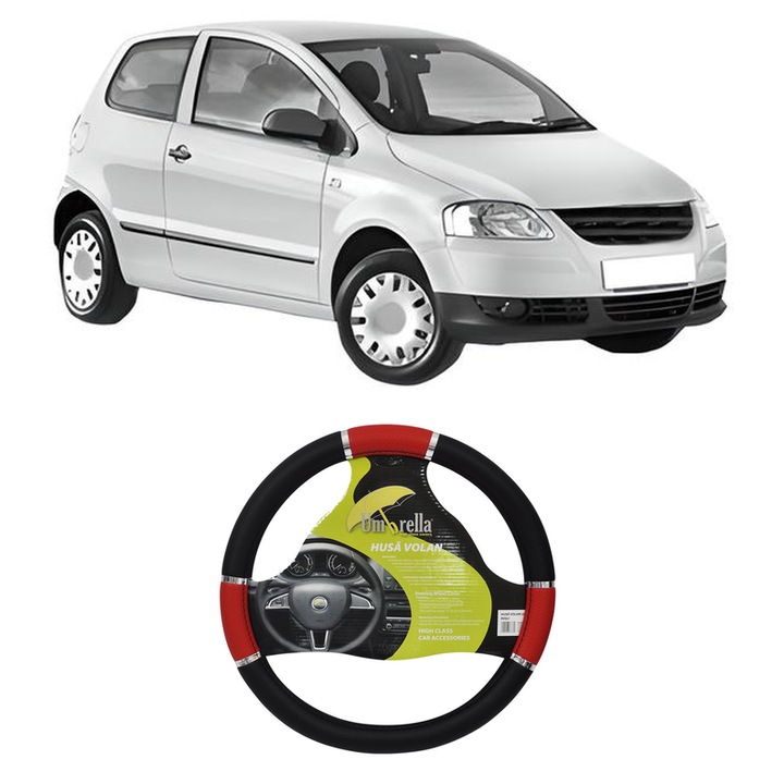 Husa Volan Auto Pentru Volkswagen Fox Hatchback (5Z1, 5Z3, 5Z4) Din 2005-2011, Piele Ecologica, Dimensiune 37-39 cm, Umbrella, Culoare Rosu