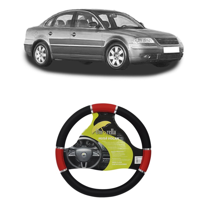 Husa Volan Auto Pentru Volkswagen Passat B5.5 (3B3) Din 2000-2005, Piele Ecologica, Dimensiune 37-39 cm, Umbrella, Culoare Rosu