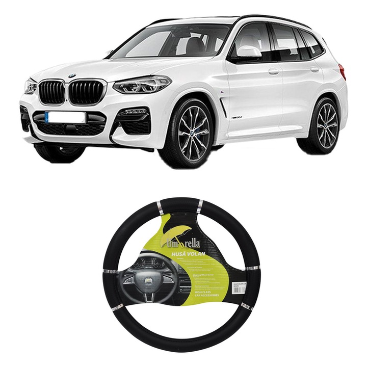 Husa Volan Auto Pentru Bmw X3 (G01, F97, G08) Din 2017-2020, Piele Ecologica, Dimensiune 37-39 cm, Umbrella, Culoare Negru