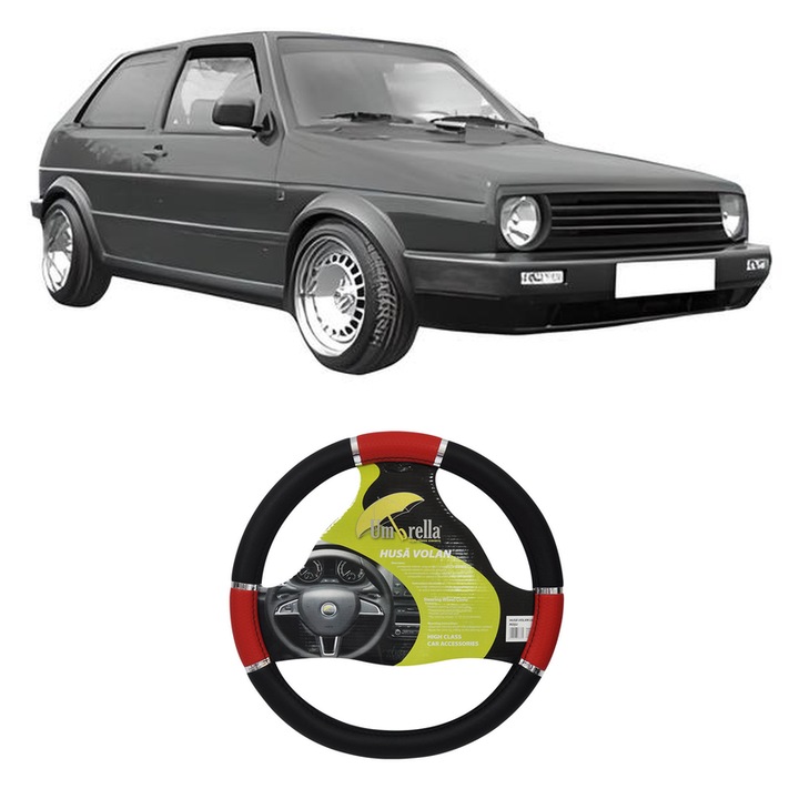 Husa Volan Auto Pentru Volkswagen Polo Hatchback Van (86Cf) Din 1992-1994, Piele Ecologica, Dimensiune 37-39 cm, Umbrella, Culoare Rosu