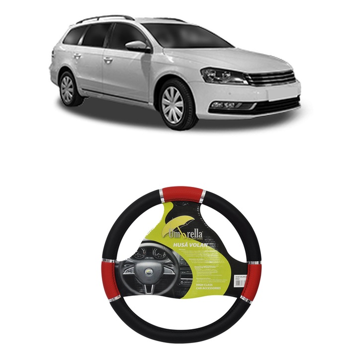 Husa Volan Auto Pentru Volkswagen Passat B7 Estate Van (365) Din 2010-2014, Piele Ecologica, Dimensiune 37-39 cm, Umbrella, Culoare Rosu