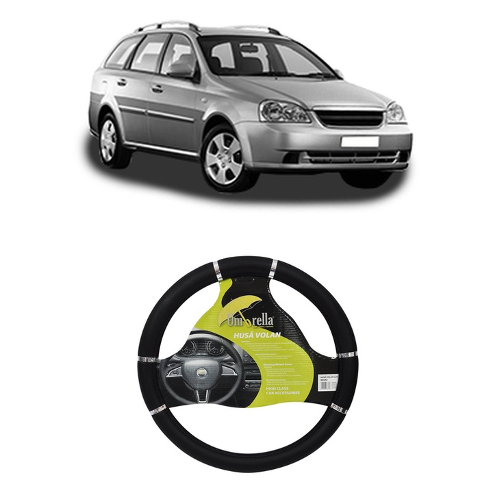 Husa Volan Auto Pentru Daewoo Nubira Wagon (J200) Din 2003, Piele Ecologica, Dimensiune 37-39 cm, Umbrella, Culoare Negru