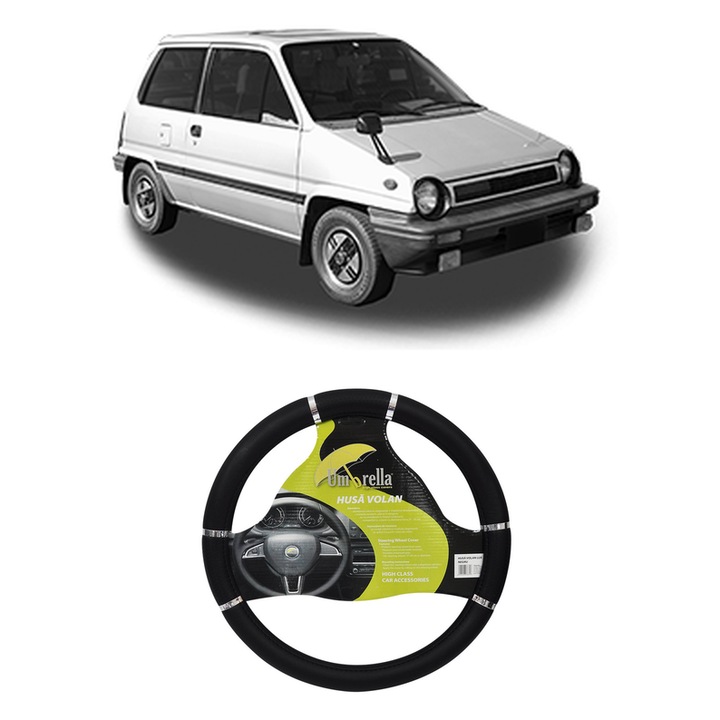 Husa Volan Auto Pentru Honda City I Hatchback (Aa) Din 1980-1984, Piele Ecologica, Dimensiune 37-39 cm, Umbrella, Culoare Negru