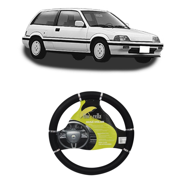 Husa Volan Auto Pentru Honda Civic Ii Hatchback (Ss, Sl) Din 1979-1983, Piele Ecologica, Dimensiune 37-39 cm, Umbrella, Culoare Negru