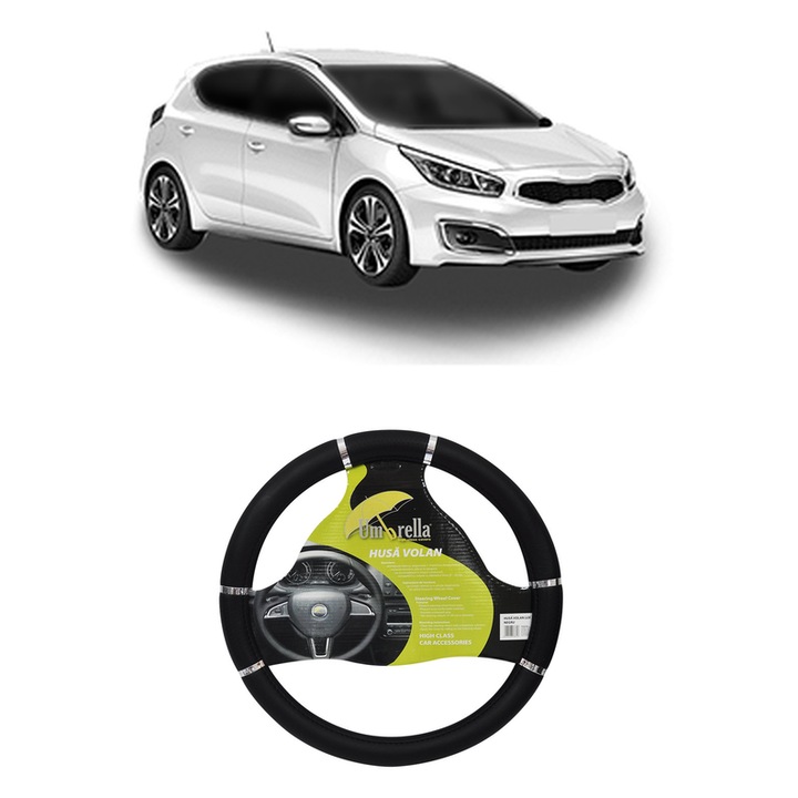 Husa Volan Auto Pentru Kia Ceed Hatchback Van (Cd) Din 2018-2020, Piele Ecologica, Dimensiune 37-39 cm, Umbrella, Culoare Negru
