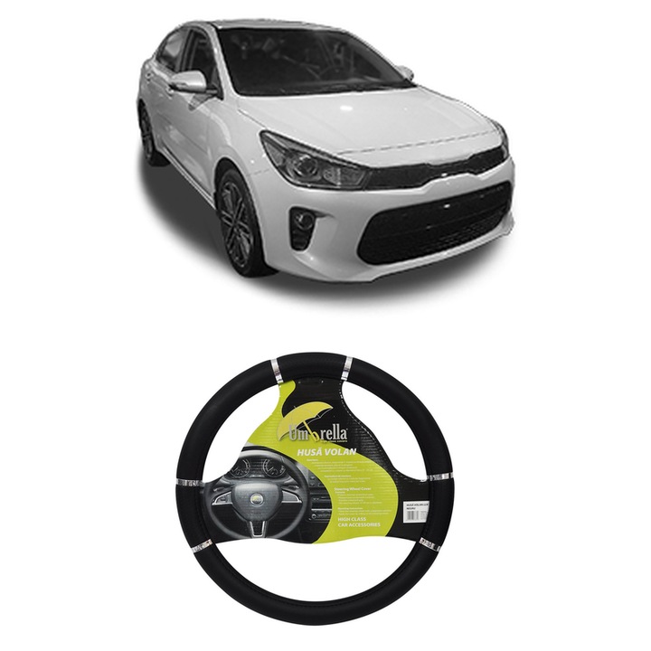 Husa Volan Auto Pentru Kia Rio Iv Saloon (Sc, Fb) Din 2017, Piele Ecologica, Dimensiune 37-39 cm, Umbrella, Culoare Negru