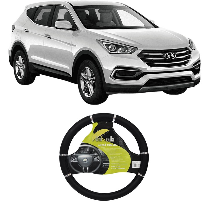 Husa Volan Auto Pentru Hyundai Santa Fe Iv (Tm, Tma) Din 2018-2020, Piele Ecologica, Dimensiune 37-39 cm, Umbrella, Culoare Negru