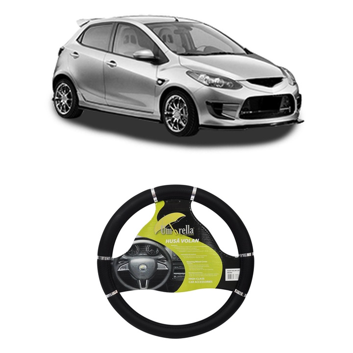 Husa Volan Pentru Mazda 2 (De_, Dh_) Din 2007-2015, Umbrella, Piele Ecologica, Negru, 37-39cm