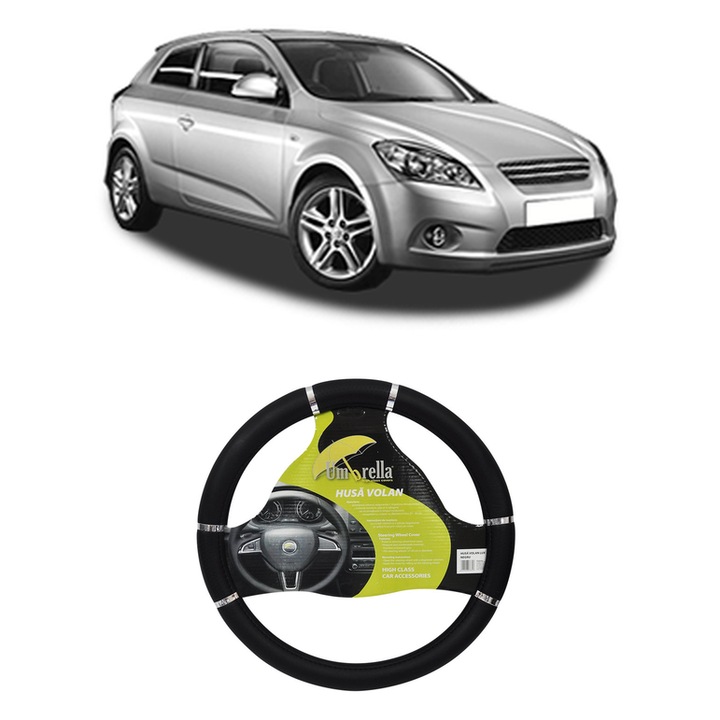 Husa Volan Auto Pentru Kia Cee'D Hatchback (Ed) Din 2006-2012, Piele Ecologica, Dimensiune 37-39 cm, Umbrella, Culoare Negru