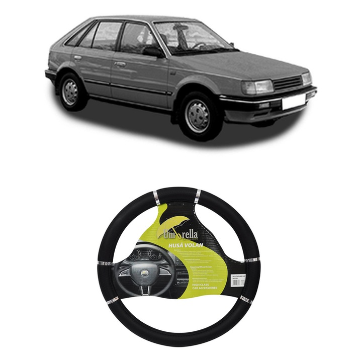 Husa Volan Auto Pentru Mazda 323 Iii Hatchback (Bf) Din 1985-1993, Piele Ecologica, Dimensiune 37-39 cm, Umbrella, Culoare Negru