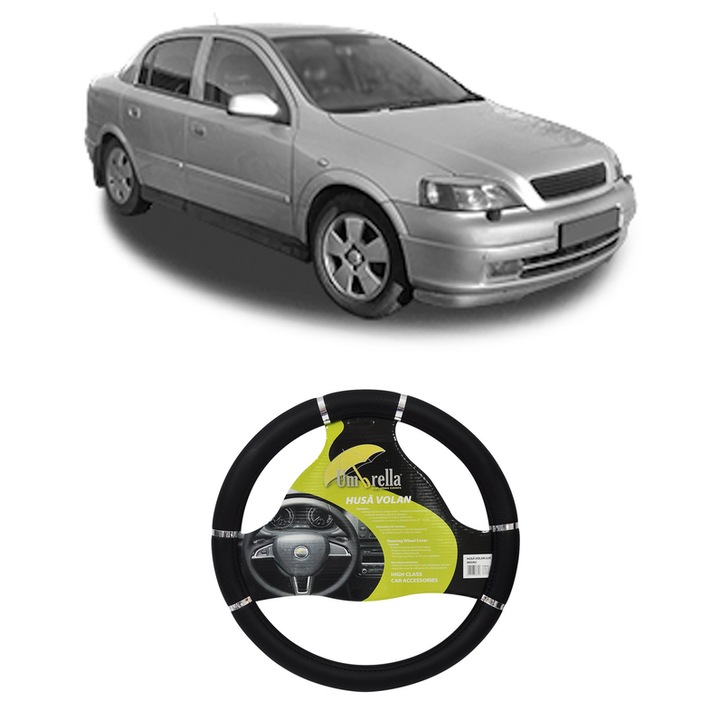 Husa Volan Auto Pentru Opel Astra G Classic Saloon (T98) Din 2004-2009, Piele Ecologica, Dimensiune 37-39 cm, Umbrella, Culoare Negru