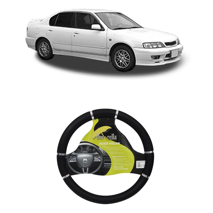 Husa Volan Auto Pentru Nissan Primera Hatchback (P11) Din 1996-2002, Piele Ecologica, Dimensiune 37-39 cm, Umbrella, Culoare Negru