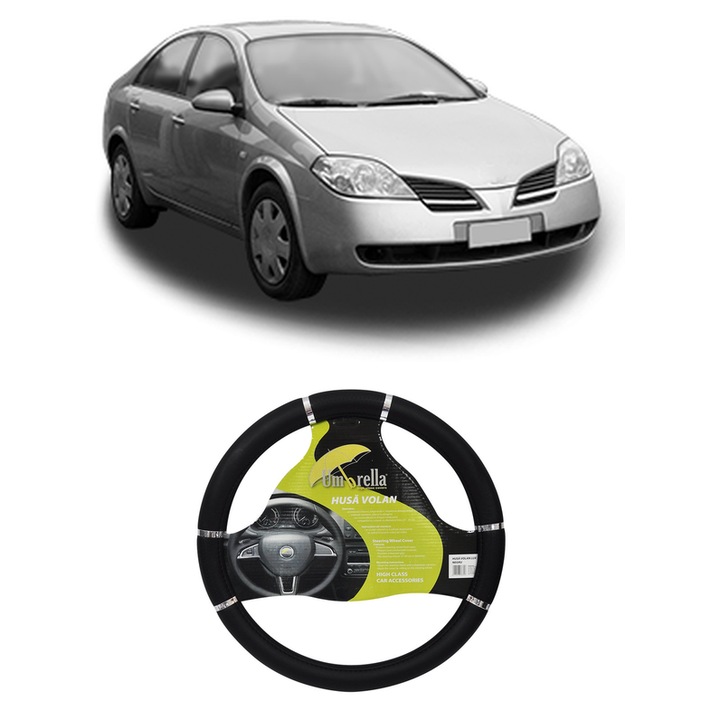 Husa Volan Auto Pentru Nissan Primera Hatchback (P12) Din 2002-2008, Piele Ecologica, Dimensiune 37-39 cm, Umbrella, Culoare Negru