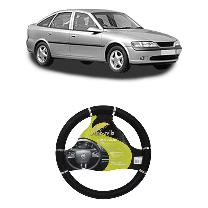 Husa Volan Auto Pentru Opel Vectra B Hatchback (J96) Din 1995-2003, Piele Ecologica, Dimensiune 37-39 cm, Umbrella, Culoare Negru