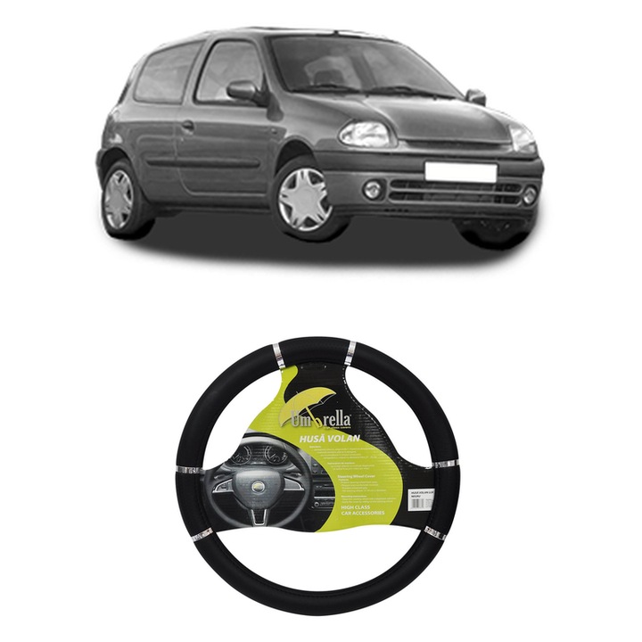 Husa Volan Auto Pentru Renault Clio Ii (Bb_, Cb_) Din 1998-2016, Piele Ecologica, Dimensiune 37-39 cm, Umbrella, Culoare Negru