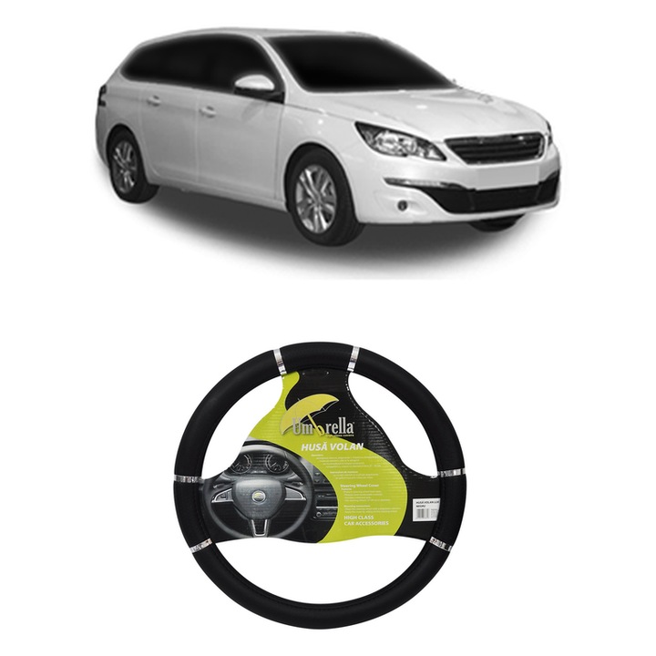 Husa Volan Auto Pentru Peugeot 308 Sw Ii Estate Van (Lc_) Din 2014-2021, Piele Ecologica, Dimensiune 37-39 cm, Umbrella, Culoare Negru