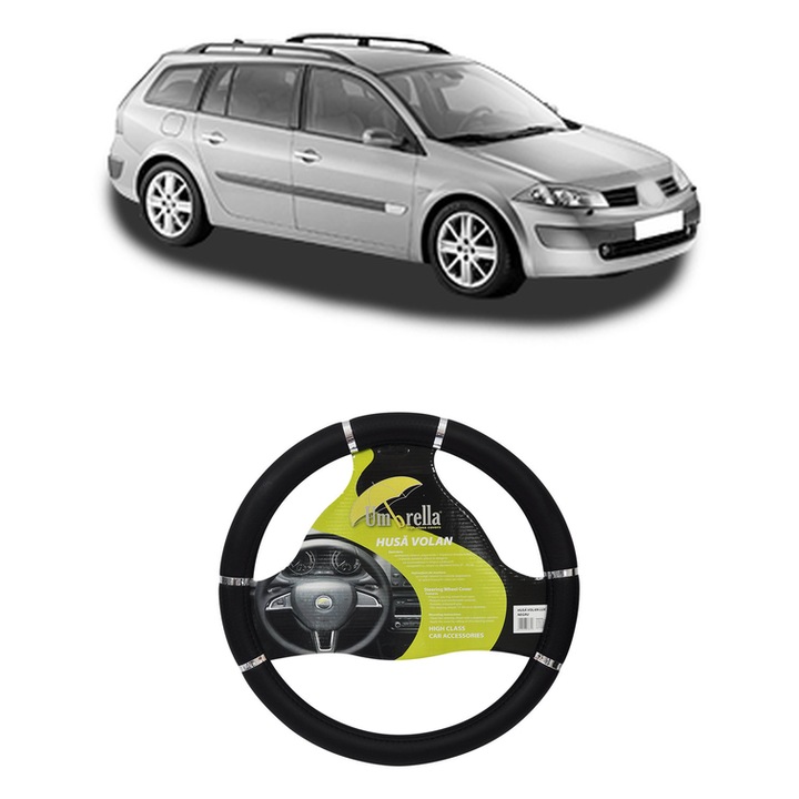 Husa Volan Auto Pentru Renault Megane Ii Estate (Km0/1_) Din 2003-2011, Piele Ecologica, Dimensiune 37-39 cm, Umbrella, Culoare Negru