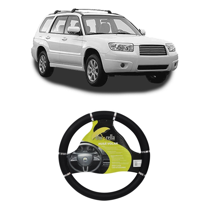 Husa Volan Auto Pentru Subaru Forester (Sh_) Din 2008-2013, Piele Ecologica, Dimensiune 37-39 cm, Umbrella, Culoare Negru