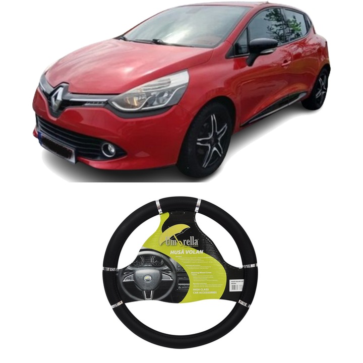 Husa Volan Auto Pentru Renault Clio Iv (Bh_) Din 2012-2021, Piele Ecologica, Dimensiune 37-39 cm, Umbrella, Culoare Negru