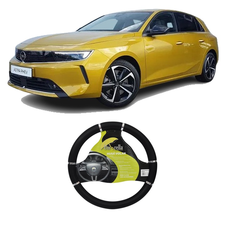 Husa Volan Auto Pentru Opel Astra L (Ov5) Din 2021, Piele Ecologica, Dimensiune 37-39 cm, Umbrella, Culoare Negru