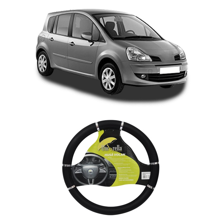 Husa Volan Auto Pentru Renault Modus / Grand Modus (F/Jp0_) Din 2004-2012, Piele Ecologica, Dimensiune 37-39 cm, Umbrella, Culoare Negru