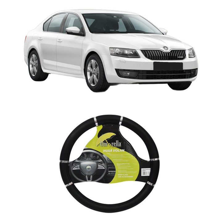 Husa Volan Auto Pentru Skoda Octavia Iii (5E3, Nl3, Nr3) Din 2012-2020, Piele Ecologica, Dimensiune 37-39 cm, Umbrella, Culoare Negru
