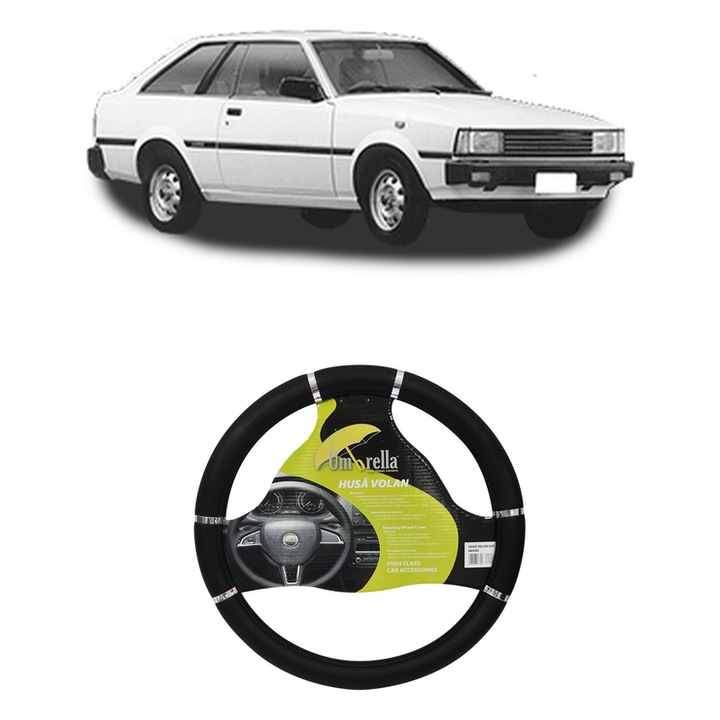 Husa Volan Auto Pentru Toyota Corolla Hatchback (_E7_) Din 1979-1983, Piele Ecologica, Dimensiune 37-39 cm, Umbrella, Culoare Negru