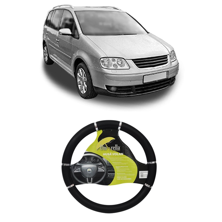 Husa Volan Auto Pentru Volkswagen Touran (1T1, 1T2) Din 2003-2010, Piele Ecologica, Dimensiune 37-39 cm, Umbrella, Culoare Negru